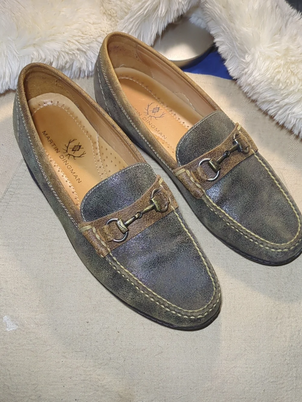 Martin Dingman Olive Green & Brown Leather Bit Loafers Pristine Condition $125